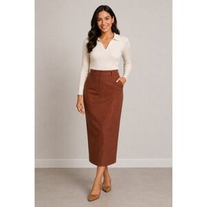 Max & Mabel Rust Brown Textured Midi Skirt Pockets Toggle Button Size M